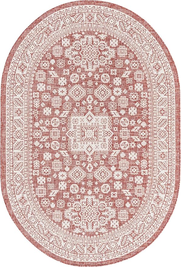 Rugs.com Outdoor Aztec Collection Rug – 5' x 8' Oval Rust Red Flatweave Rug Perfect for Living Rooms, Large Dining Rooms, Open Floorplans