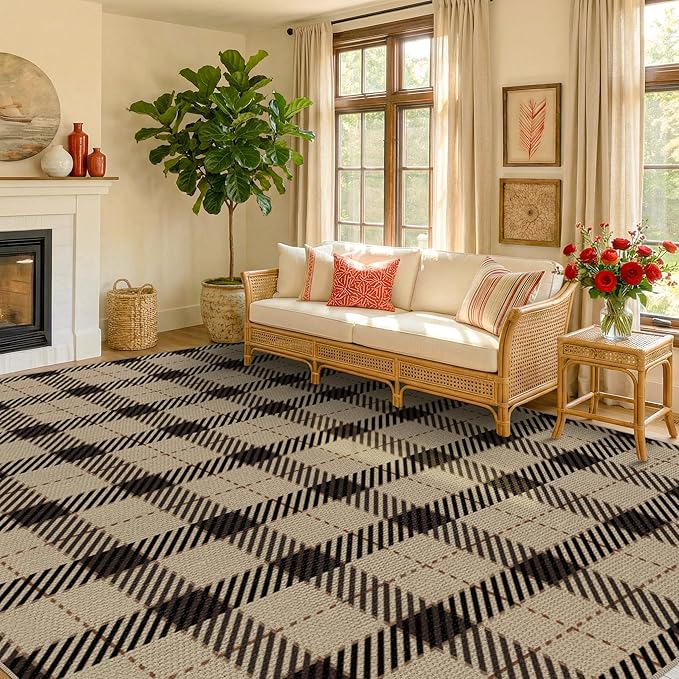 Washable Easy Jute Area Rug 8x10 for Living Room, Washable Checkered Plaid Area Rugs for Dining Room, Indoor Outdoor Non Slip Neutral Farmhouse Black and Beige Foldable Carpet