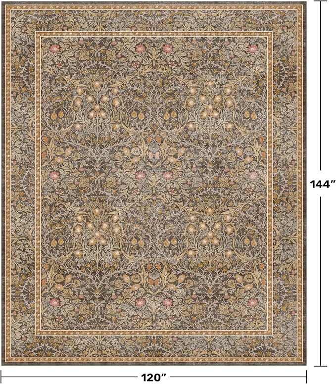 Washable Living Room Rug 10x12 - Brown Oriental Area Rug for Dining Room Under Table, Low Pile Non-Slip Floor Decor for Bedroom Under Bed - Vintage Earthy Design & Stain Resistance