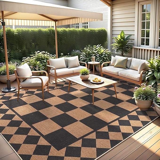 GarveeHome Easy Jute Rug 10x13 Washable Rugs for Living Room Checkered Indoor Outdoor Rug for Patio Non-Slip No Shed Jute Rugs Geometric Carpet for Farmhouse Dining Room Backyard Office, Black Brown
