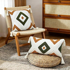 Boho Throw Pillow Covers 18x18 Inch Green Brown Tufted Square Pillow Case with Tassels, Bohemian Farmhouse Decorative Cushion Cover for Couch Bed Sofa Chair Bedroom Living Room Home Decor,X