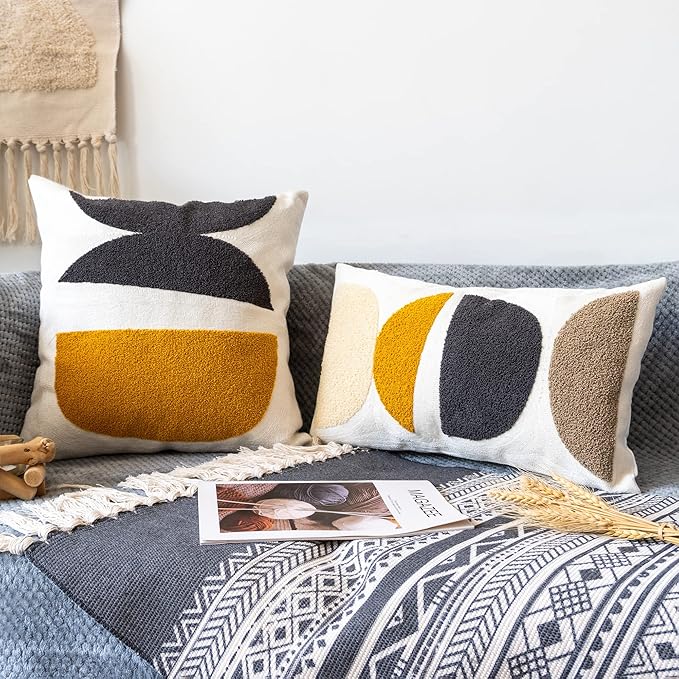 Boho Lumbar Decorative Pillow Cover, Abstract Geo Throw Pillowcase for Retro Mid Century Accent Decor, Modern Rectangle Textured Home Bed Couch Sofa Cushion Sham 12x20, 1PCS(Black Mustard)