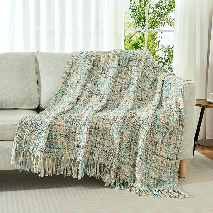 Multi-Color Blue Grey Cable Woven Throw Blanket for Couch,60"X80" Boho Style Textured Blankets for Home Decor,Super Soft Warm Cozy Chunky Blanket with Decorative Tassels for Bed