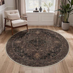 GENIMO 5FT Round Area Rugs for Living Room, Circle Rugs Machine Washable Low Pile, Chenille Non Slip Vintage Rug for Bedroom, Dining Room, Home Office, Charcoal Brown
