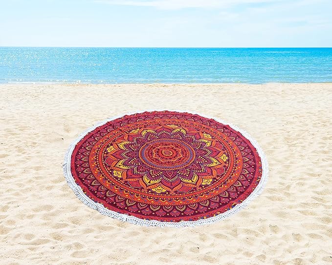 Round Beach Tapestry Turquoise Mandala Throw/Boho Hippie Beach Blanket Roundie/Indian Cotton Bohemian Large Round Table Cloth-Home Decor/Yoga Mat Meditation Picnic Rug (42", Orange)
