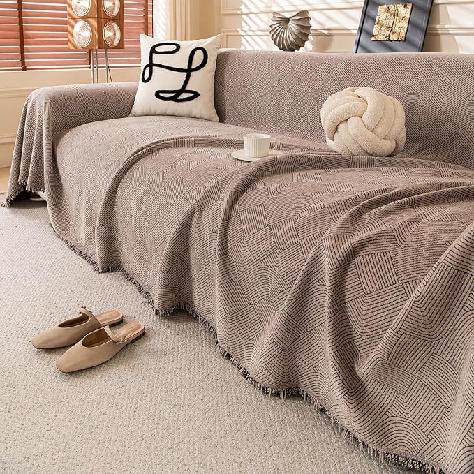 ROOMLIFE Brown Waterproof Sofa Cover, Vintage Couch Cover for 3 Cushion Sofa, Non Slip Chenille Sofa Slipcovers for Dog, Washable Furniture Sofa Protector Cover with Tassel for Living Room, 71''X150”