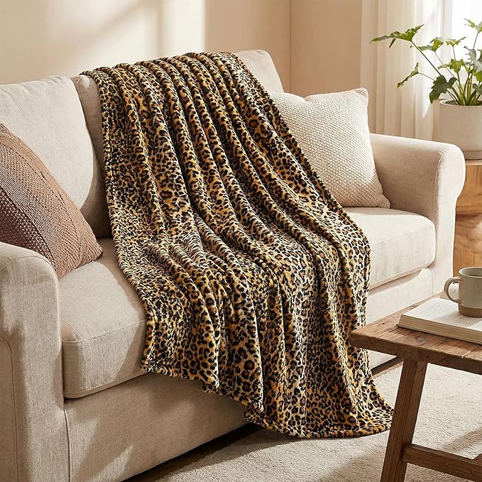 MACEVIA Flannel Fleece Throw Blanket for Couch, Leopard Print Blanket for Adult, Lightweight Cozy Soft Cheetah Blanket for Bed Sofa 260GSM, Suitable for All Seasons (Brown Leopard,50x60inches)