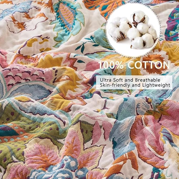 Boho Throw Blanket Farmhouse Decor Throw Blanket Bohemian Blanket for Bed 100% Cotton Muslin Woven Couch Blanket All Seasons Quilt Bedroom (Beige, 90"x98")