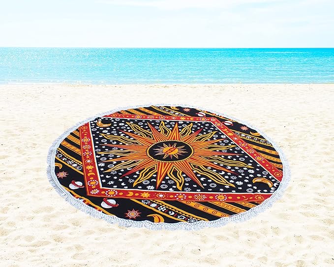 Round Beach Tapestry Turquoise Mandala Throw/Boho Hippie Beach Blanket Roundie/Indian Cotton Bohemian Large Round Table Cloth-Home Decor/Yoga Mat Meditation Picnic Rug (42", Yellow)