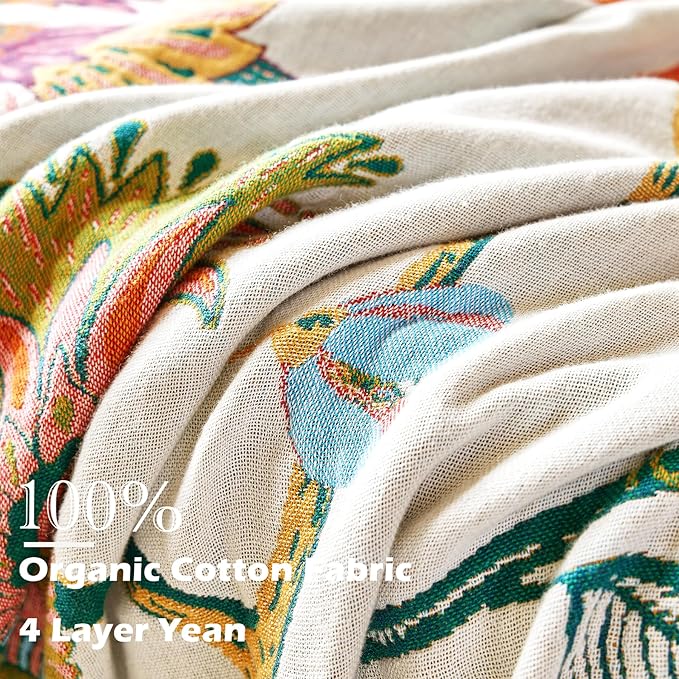 Boho Throw Blanket, 100% Organic Cotton Breathable Skin-Friendly Ultra Soft Bed Quilt Throw - All Season Floral Bird Farmhouse Décor Luxury Blanket for Sofa Couch Chair and Gift. 91" x 98"