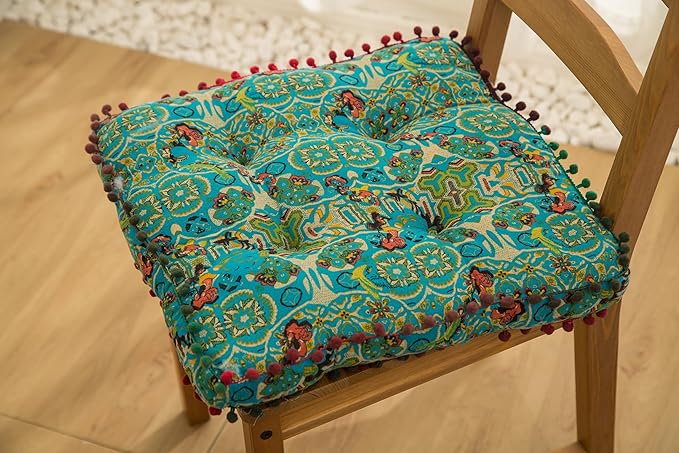 Moroccan Printed Square Chair Pads Cotton Linen Soft Comfort Chair Cushion Colorful Pompom Seat Cushions for Indoor Dining Room and Kitchen Chairs (Blue,16x16 Inch)