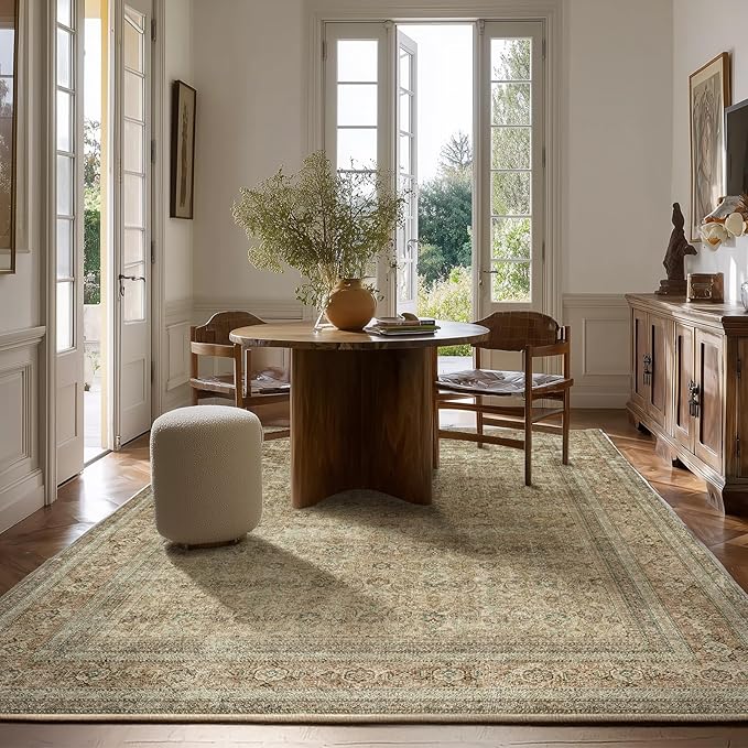 10x12 Area Rugs for Living room: Bedroom Rug Washable Vintage Stain Resistant Non Slip Low Pile Soft Lightweight Large Area Rug for Dining Room Under Table Kitchen Nursery Farmhouse Home Office