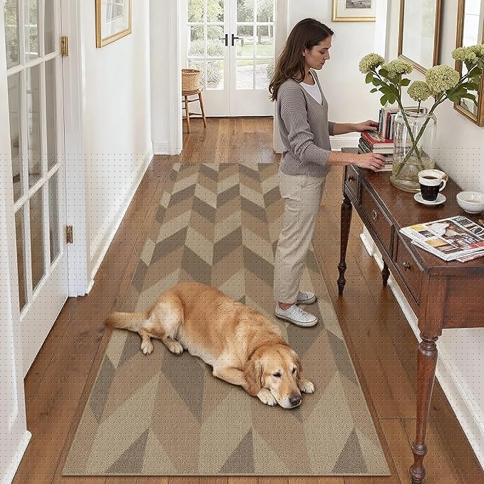 2.6x8 Easy Jute Runner Rug Washable Brown Checkered Hallway Outdoor Rug for Patio Lightweight Non Slip No Sheding Carpet Entryway Bathroom Backyard Porch Kitchen