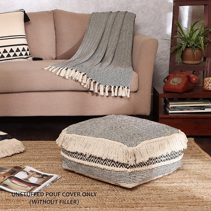 REDEARTH · UNSTUFFED Pouf Ottoman Cover Textured Storage Cube Boho Bean Bag Footrest Stool for Living Room, Bedroom,Nursery, Farmhouse, Kidsroom, Patio, Gym; 100% Cotton (20"X20"X8"; Black)