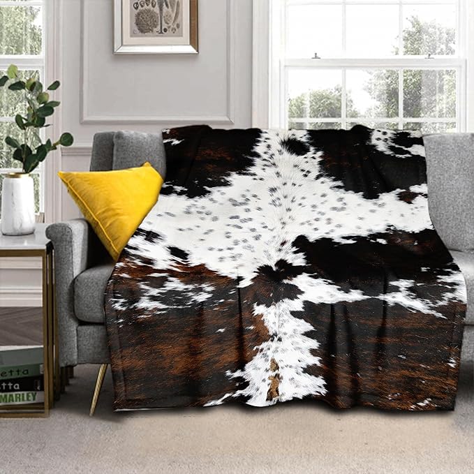 aportt Cow Print Blanket Soft Flannel Lightweight Cowhide Western Throw Blanket Cozy Warm White Brown Cow Blankets All Seasons Living Room Decor for Couch Chair Bed Sofa Office 50x60 inch