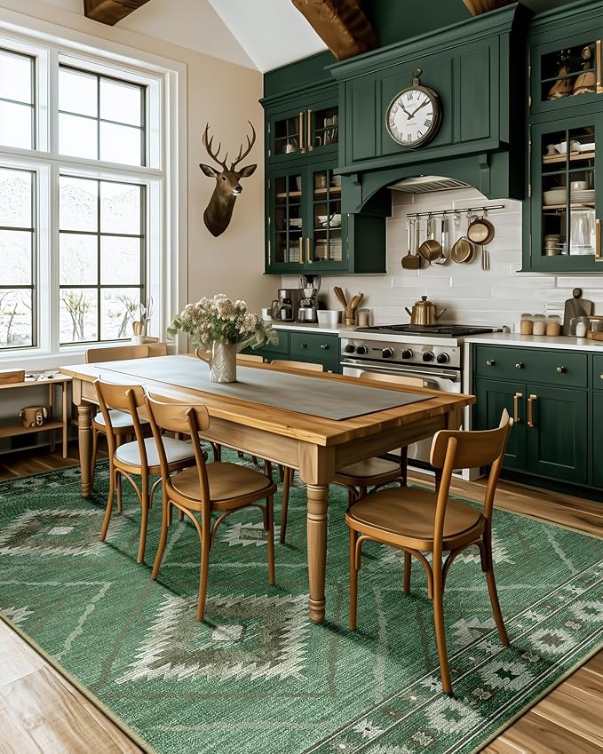 Area Rug 8x10 Rug Machine Washable Non-Slip Low Pile Print Pattern Western for Living Room Bedroom Sage