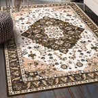 Amearea Vintage Design Area Rugs for Living Room, 5x8 Machine Washable Floral Collection Traditional Bedroom Rug, Low Pile Cute Kids Room Print Carpet, No Slip Office Kitchen Home Decor, Brown