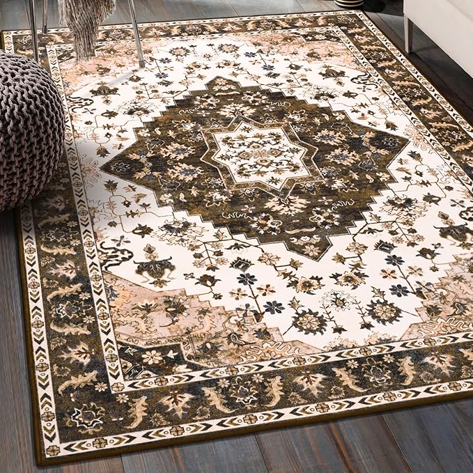Amearea Vintage Design Area Rugs for Living Room, 8x10 Machine Washable Floral Collection Traditional Bedroom Rug, Low Pile Cute Kids Room Print Carpet, No Slip Office Kitchen Home Decor, Brown