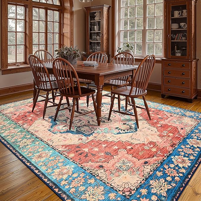 YJ.GWL Area Rugs for Living Room 9x12 Machine Washable Rugs, Non Slip Floral Vintage Rug Indoor Carpet, Stain Resistant Large Rug for Bedroom Dining Room, Red Blue Gradient Color