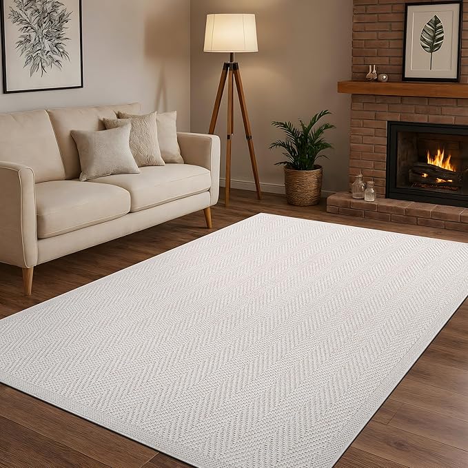 CAMILSON Easy Jute Rug 5x7, Indoor Outdoor Off-White Color Fiber Area Rugs for Living Room Patio and Kitchen Rug Herringbone Seagrass Woven Design Easy-Cleaning Washable Outside Carpet Alfombras 5 x 7
