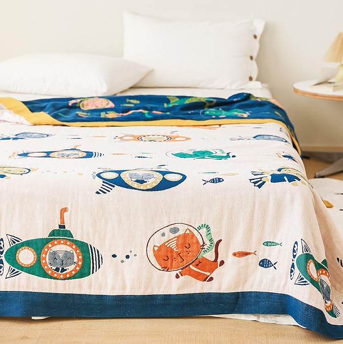 Scientific Sleep Underwater Scuba Cat Kitty Diver Submarine Fish Sea 100% Cotton Muslin Blanket Throw Cover for Kids Child Bed Couch Sofa Modern Fun Bedding Bedspread Coverlet Twin 60 in x 80 in