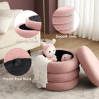 Boucle Ottoman with Storage Pink, Small Round Footrest Stool with Removable Lid, Upholstered Sherpa Vanity Chair for Bedroom Entryway