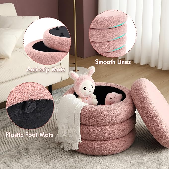 Boucle Ottoman with Storage Pink, Small Round Footrest Stool with Removable Lid, Upholstered Sherpa Vanity Chair for Bedroom Entryway