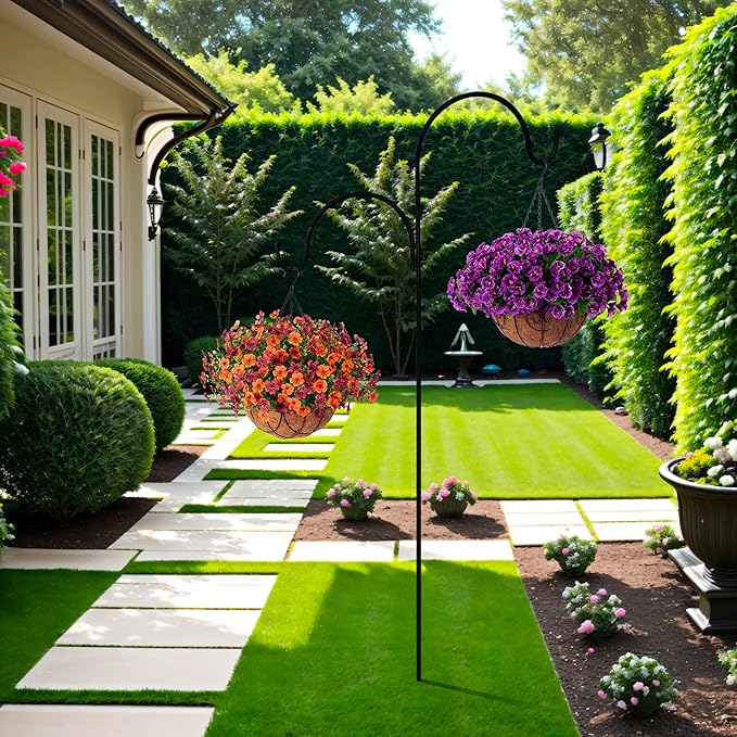 Artificial Silk Flowers Hanging Baskets for Outdoors Indoors, Daisy with Eucalyptus Leaves Arrangement for Garden Yard Decor, Faux Green Plant in Metal Coconut Lining Flowerpot(Orange Brown)
