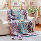 Boho Throw Blanket - 100% Cotton Ultra Soft Muslin Blanket, 50"x60" Lightweight Framhouse Bedding Spring Blanket for Bed, All Season Blue and Purple Floral Bohemian Bedroom Home Decor Quilt