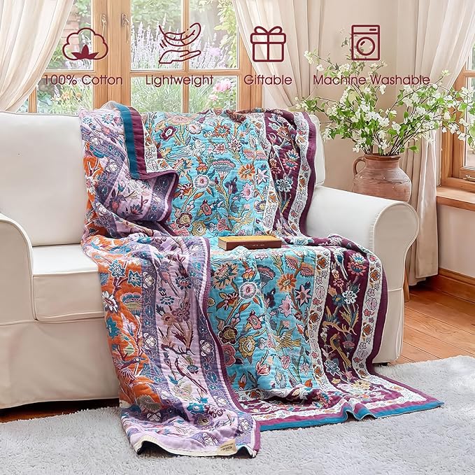 Boho Throw Blanket - 100% Cotton Ultra Soft Muslin Blanket, 50"x60" Lightweight Framhouse Bedding Spring Blanket for Bed, All Season Blue and Purple Floral Bohemian Bedroom Home Decor Quilt