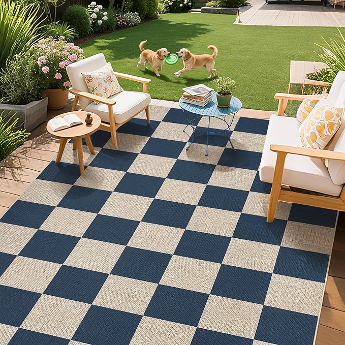 GarveeHome Easy Jute Area Rugs 6x9 for Living Room Non-Slip Backing Checkered Rugs Machine Washable Modern Indoor Outdoor Carpets for Dining Room Nursery Patio Bedroom Backyard Camping Navy Blue