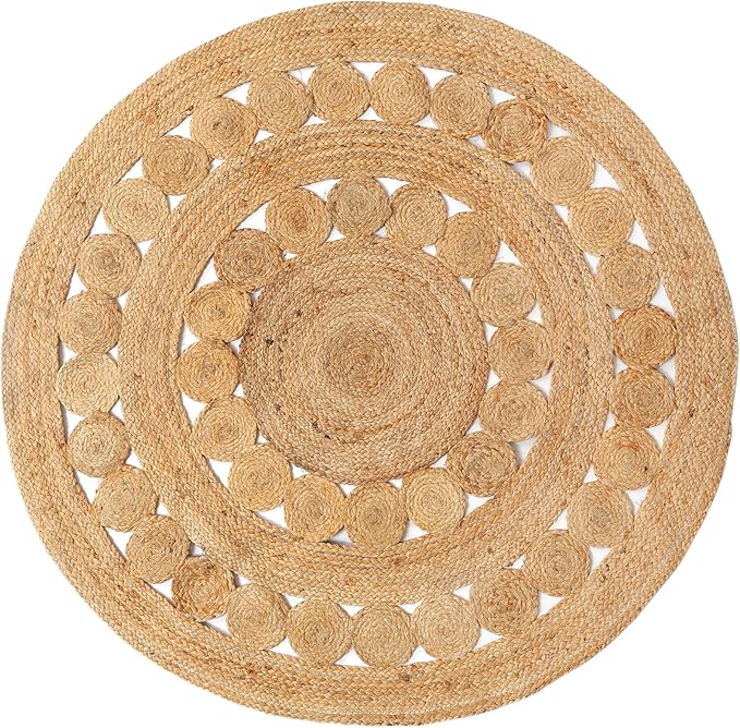 Hand Woven Jute Area Rug - 6' Round - Rustic Beige Reversible Farmhouse Rugs for Bedroom, Kitchen, Living Room - Vintage Natural Braided Entry Floor Décor Circle Boho Round Jute Rug 6 Foot