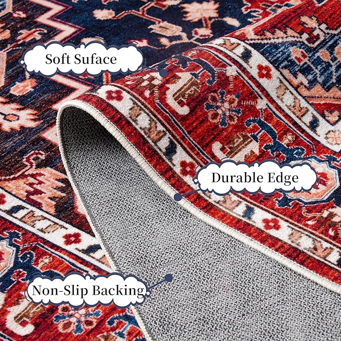Amearea Vintage Design Area Rugs for Living Room, 4x6 Machine Washable Floral Collection Traditional Bedroom Rug, Low Pile Dinning Room Carpet, No Slip Office Kitchen Home Decor, Red and Blue