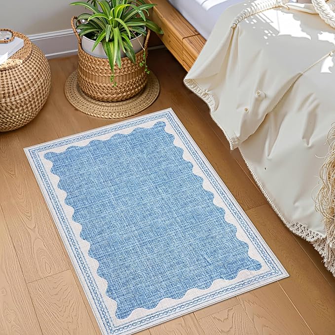 GarveeHome Scalloped 3x5 Area Rug Washable Non-Slip Low-Pile Indoor Rugs for Entryway Solid Blue Modern Minimalism Carpet for Bedroom Living Room Kitchen Bathroom Door Mat