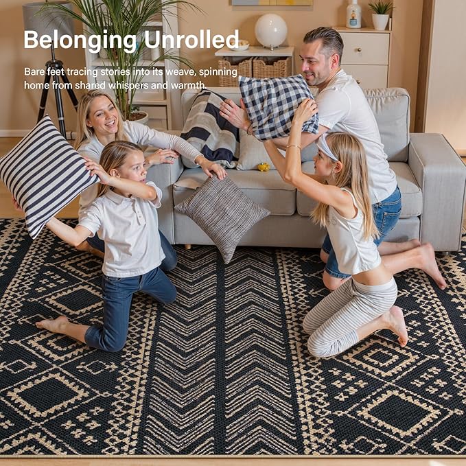 Lahome Easy Jute Boho Runner Rugs for Kitchen, 2x8 Washable Runner Non Slip Stain Resistant, Black Geometric Print Distressed Indoor Outdoor Rug for Laundry Room Hallway Decor