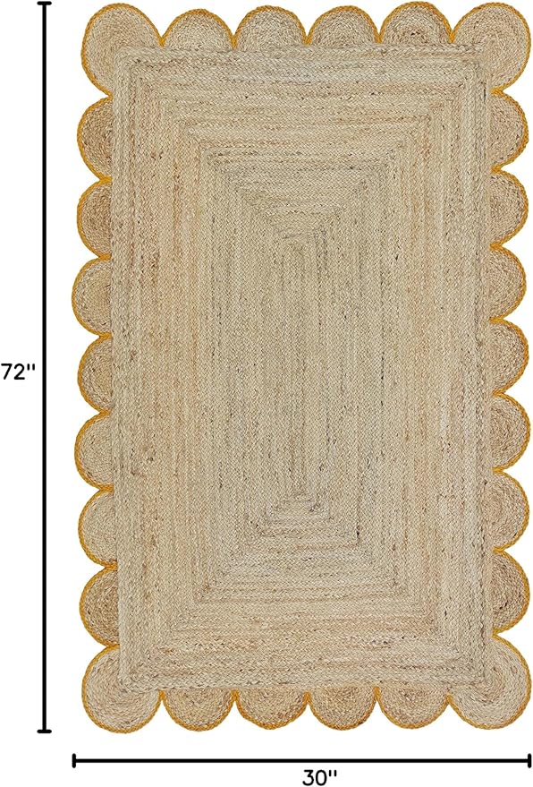 Scalloped Natural Jute Area Rug, Yellow Trim, 2'6"x6'
