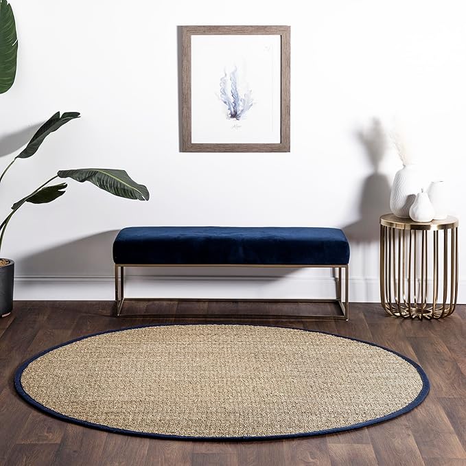 Nuloom Elijah Navy/Natural, 4' Round, Basketweave, Seagrass, Soft and Textured, High Traffic, Stain Resistant, Easy Clean, Durable Area Rug for Bedroom, Living Room, Dining, Den, Foyer, Entryway