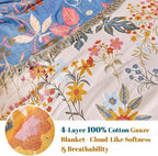MSGKV Boho Throw Blanket for Bed 60"x80" Cotton Floral Twin Size Blanket Lightweight Farmhouse Muslin Spring Breathable Couch Blankets Home Decor All Seasons