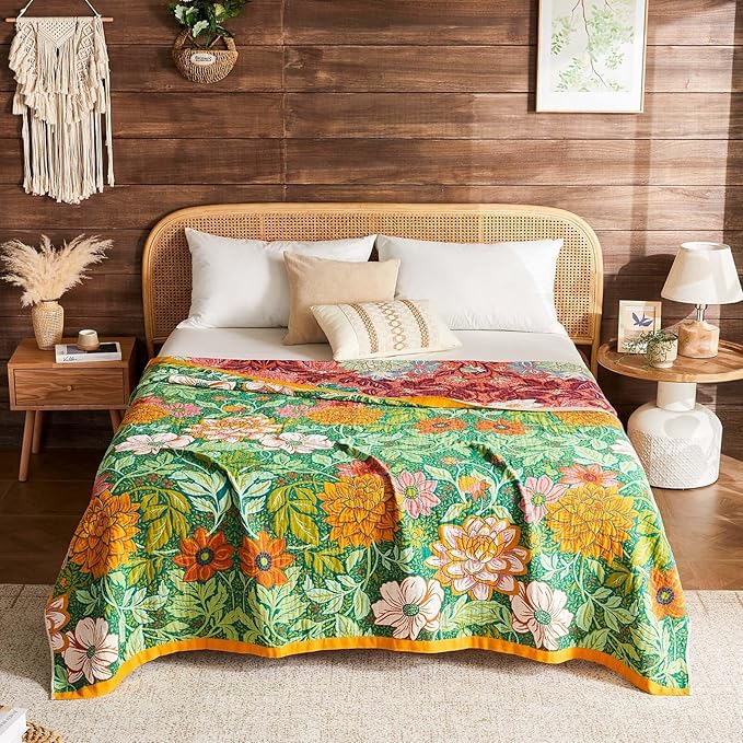 Boho Blanket Soft Muslin Boho Throw Blanket 100% Cotton Blanket All Seasons Reversible Rustic Floral Printed Vintage Rustic Farmhouse Decor Throw for Sofa Couch Chair (Green, 60"x80")