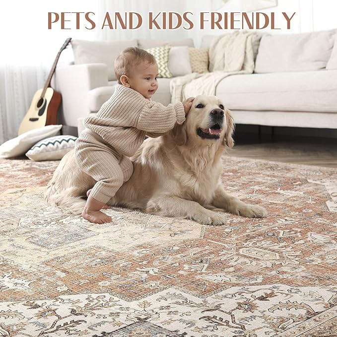 Washable Rug 9x12 Area Rugs: Boho Vintage Distressed Oriental Medallion Neutral Thin Large Rug Carpet for Living Room Bedroom Dining Room Home Office Decor - Brick Red