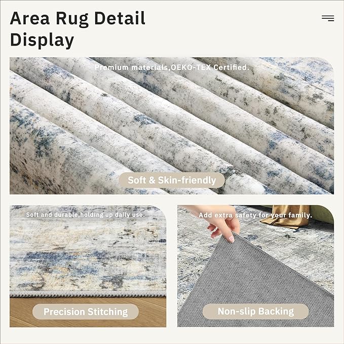 6x9 Abstract Area Rugs for Living Room 6 x 9 Washable Non Slip Low Pile Gray Rugs for Bedroom Dining Room Foldable Thin Blue Yellow