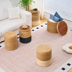 Wimarsbon Storage Pouf Ottoman, Hand Weaving Natural Straw Foot Stool, Bohemian Round Patio Ottomans, Rustic Lounge Pouffe, Outdoor Extra Seat for Garden