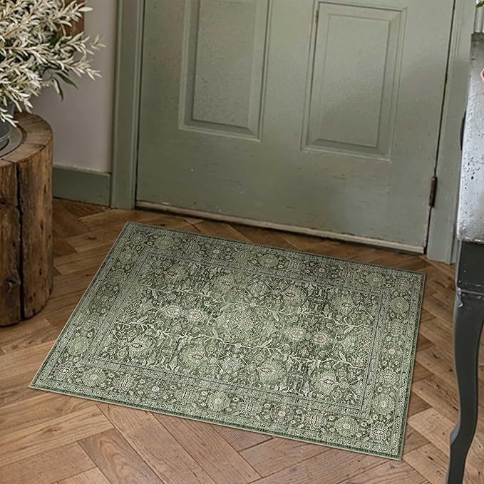 Green Area Rug 2x3 Entryway Washable Soft Carpet Vintage Non Slip Indoor Kitchen Entrance Door Mat Traditional Retro Distressed Small Throw Rug Bathroom Laundry Bedroom