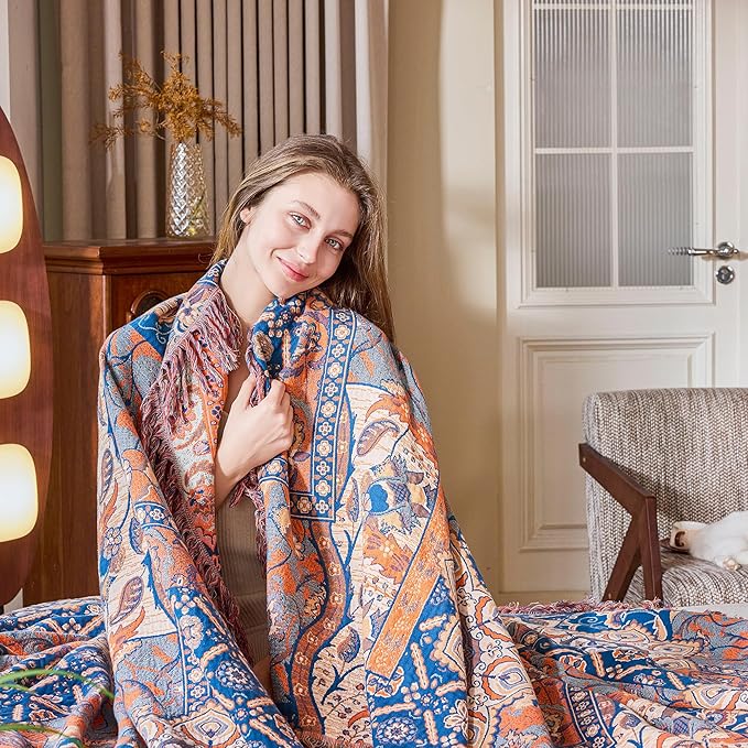 Boho Throw Blanket for Bed Couch 80" x 90", 100% Organic Cotton Skin-Friendly Ultra Soft Quilt Throw - Floral Rustic Living Room Decor Luxury Reversible Blanket for Sofa Chair and Gift