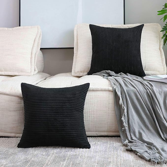 Home Brilliant Striped Corduroy Pillow Covers for Bed Set of 2 Supersoft Velvet Square Fall Decorative Pillow Cases, 18 x 18 inch, Black