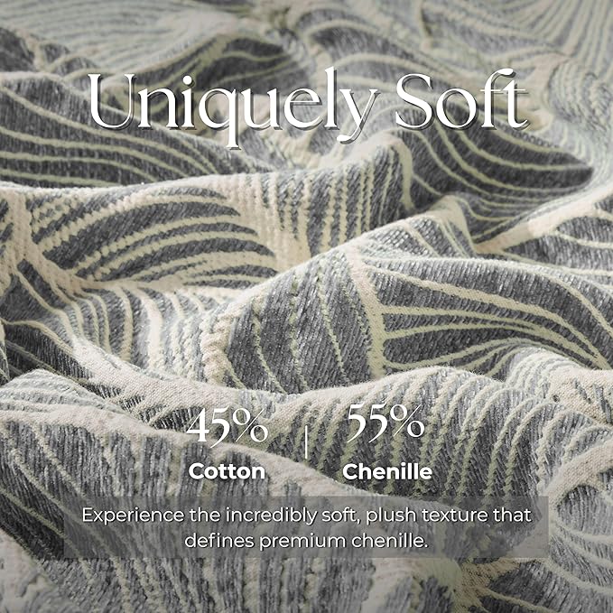DOWN HOME Chenille Cotton Throw Blanket for Couch, Lightweight Boho Blanket for Bed Sofa Chair Living Room Outdoor Soft Woven Decorative Blanket with Tassel Gift Grey Leaves 50"x70"