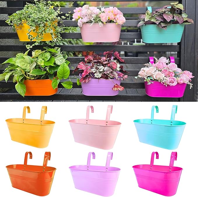 LaLaGreen Outdoor Hanging Planter (11.2 Inch, 6 Pack) Light Pink, Light Purple, Turquoise, Neon Pink, Yellow, Orange Metal Iron Window Box Flower Pot Deck Railings Fence Buckets Porch Garden Decor