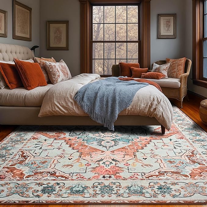YJ.GWL Area Rugs for Living Room 4x6 Machine Washable Rugs for Bedroom, Non Slip Floral Vintage Rug Indoor Carpet, Stain Resistant Throw Rug for Dining Room Kitchen, Copper Tan