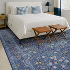 Washable Dining Room Rugs for Under Table - 7x9 Dark Blue Oriental Area Rug for Living Room, Low Pile Non-Slip Floor Carpet for Bedroom Under Bed - Vintage Design & Stain Resistance (7x9 Dark Blue)