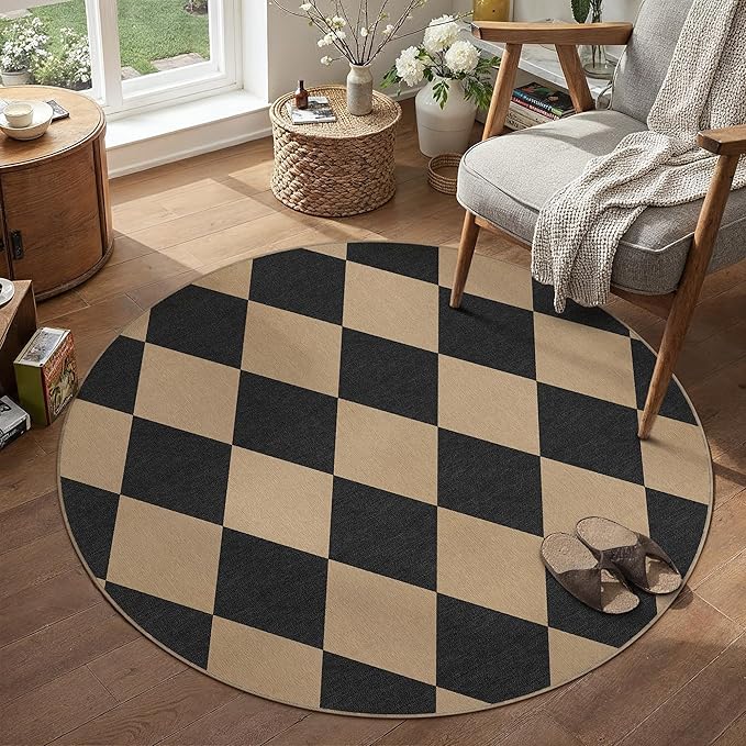 Checkered 4 ft Easy Jute Round Rug, Washable Small Rugs for Entryway Patio, Farmhouse Non Slip Non Shedding Indoor Outdoor Circle Carpet for Kitchen Porch